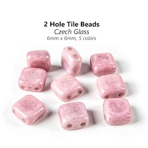 May include: A collection of eight 6mm x 6mm two-hole glass tile beads in a light pink color.  2 Hole Tile Beads Czech Glass 6mm x 6mm, 5 colors
