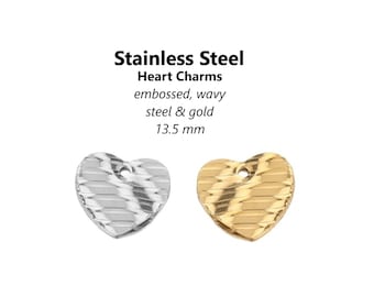 20 Stainless Steel Heart Charms: Embossed Wavy Pendants (13.5mm)