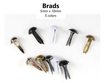 50pcs - 5x10mm, brads, paper fasteners, silver, bronze, gunmetal, white, black, scrapbooking, round, metal, crafts, diy