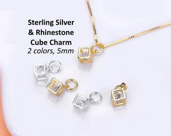 1pc - 5mm | 925 Sterling Silver | Rhinestone | Cube | Zircon | Charm | Pendant | Craft | Jewelry Making | Finding