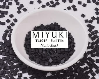 10g Miyuki Matte Black Tila Beads: 5x5mm 2-Hole Glass Rectangle