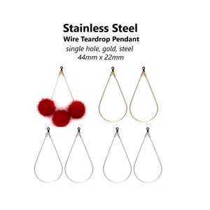 Può includere: Sei blanks per orecchini a goccia in filo di acciaio inossidabile. Due sono dorati, quattro sono argentati. Ogni blank misura 44 mm x 22 mm. I blanks dorati sono mostrati con tre pompon rossi.