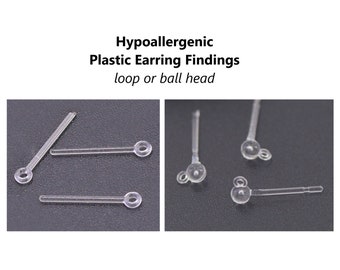 May include: Hypoallergenic plastic earring findings with loop or ball head. The findings are clear and translucent.