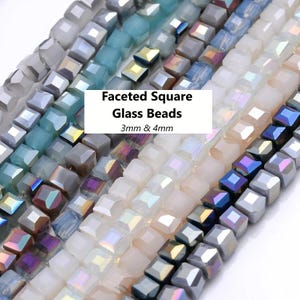 45pcs - 3mm & 4mm square faceted glass beads, cube, beads, component, jewelry, DIY,
