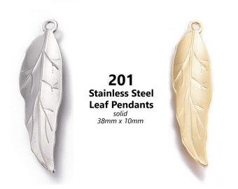 20pcs - 38x9.5m, 201 Stainless Steel, gold, steel, leaf, leaves, solid, pendant, charm, component, jewelry findings