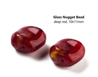 10 Deep Red Glass Nugget Beads: Jewelry Making (10-12mm)