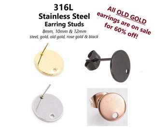 20pcs - 8,10,12mm, 316 stainless steel, thin round earring post, steel, gold, rose gold, black