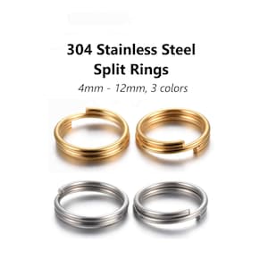 Peut inclure: Anneaux fendus en acier inoxydable 304, 4mm - 12mm, 3 couleurs. Quatre anneaux métalliques circulaires sont présentés, avec deux anneaux dorés placés au-dessus de deux anneaux argentés, tous dotés d'une conception à double boucle.