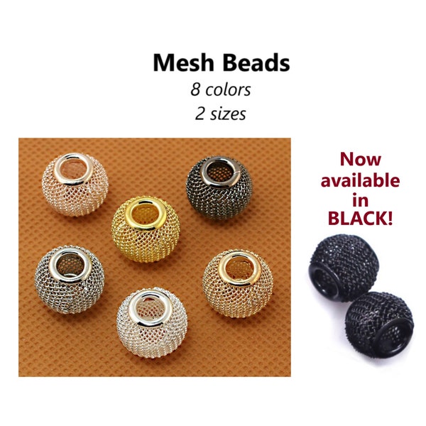 10pcs - 12mm, 14mm, perle de maille métallique, acier, argent brillant, or, or KC, or rose, gunmetal, noir, grand trou, composant, bijoux