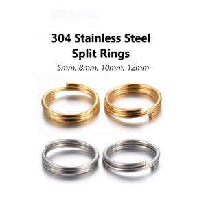 May include: Four 304 stainless steel split rings in two sizes. Two gold rings are 5mm and 8mm in diameter. Two silver rings are 10mm and 12mm in diameter.
