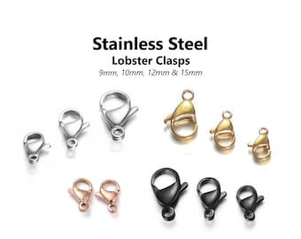 20pcs - 10, 12, 15mm, stainless steel lobster clasps, steel, gold, black, rose gold, jewelry making, earrings, finding, bracelets, necklaces