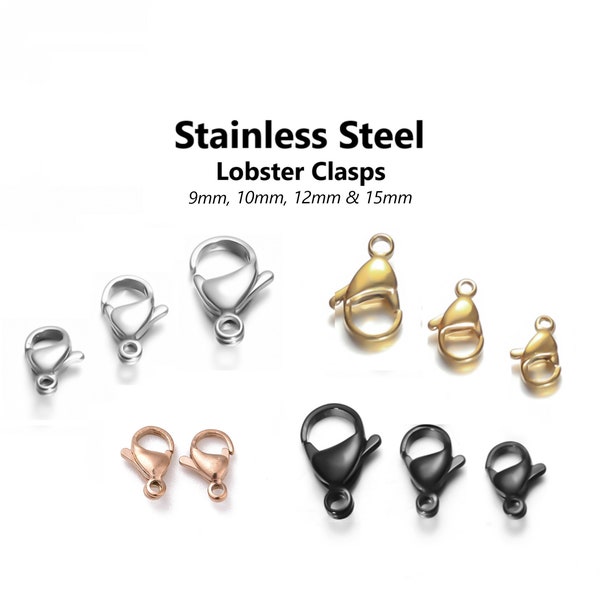 20pcs - 10, 12, 15mm, stainless steel lobster clasps, steel, gold, black, rose gold, jewelry making, earrings, finding, bracelets, necklaces