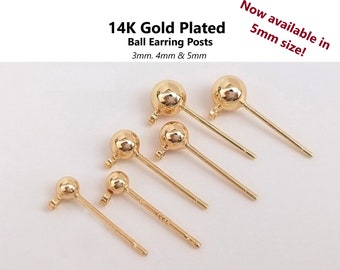 4pcs - 3,4mm, 14K Gold Plated, earring post, ball head, connector, finding, charm, pendant
