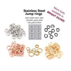 May include: Assortment of stainless steel jump rings in various finishes, including silver, gold, rose gold, and black. More sizes available in bright silver.