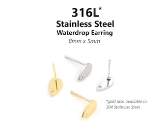 20pcs - 8x5mm, 316 stainless steel, thin, waterdrop, raindrop, teardrop, earring post, steel & gold