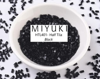 Black Miyuki Half Tila Beads: 5x5mm 2-Hole Flat Top Glass Beads (10g)