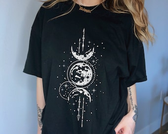 Camisa Luna Mística Camisa Mística de Gran Tamaño Camisa de fases lunares Luna creciente Luna llena Camisa celestial superior celestial Luna Luz Luna triple Luna