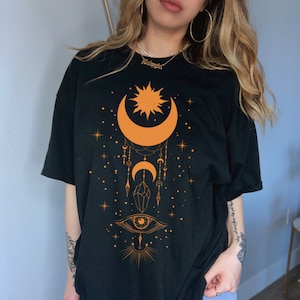 Evil Eye Shirt, Oversized, Sun Moon stars crystals, third eye Shirt, Mystical Witchy eye shirt, magical, Trendy Celestial Aesthetic Clothing