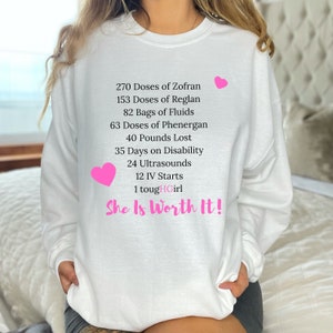 Könnte beinhalten: Weißer Pullover mit rosa Herzen und dem Text "270 Dosen Zofran, 153 Dosen Reglan, 82 Beutel Flüssigkeit, 63 Dosen Phenergan, 40 Pfund verloren, 35 Tage im Krankenstand, 24 Ultraschalluntersuchungen, 12 IV-Starts, 1 tougHGirl, Sie ist es wert!"