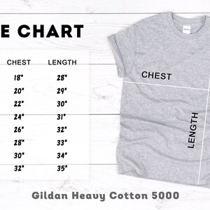 May include: Size chart for Gildan Heavy Cotton 5000 t-shirts, showing chest and length measurements in inches for sizes S through 5XL.