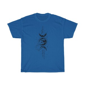 May include: A royal blue t-shirt featuring a black graphic of the phases of the moon. The design includes crescent moons, a full moon, and dotted lines. The shirt is made of a soft material.