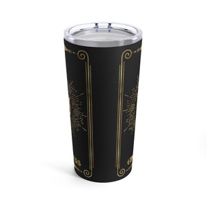 May include: A black and gold stainless steel tumbler with a geometric design and the word "Empress" on the side.
