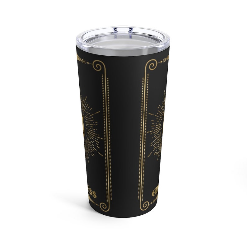 May include: A black and gold stainless steel tumbler with a geometric design and the word "Empress" on the side.