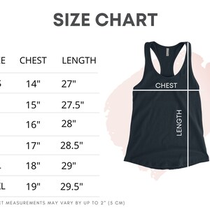 Puede incluir: Tabla de tallas para un top de tirantes con medidas en pulgadas para el pecho y la longitud. Las tallas incluyen XS, S, M, L, XL y 2XL.