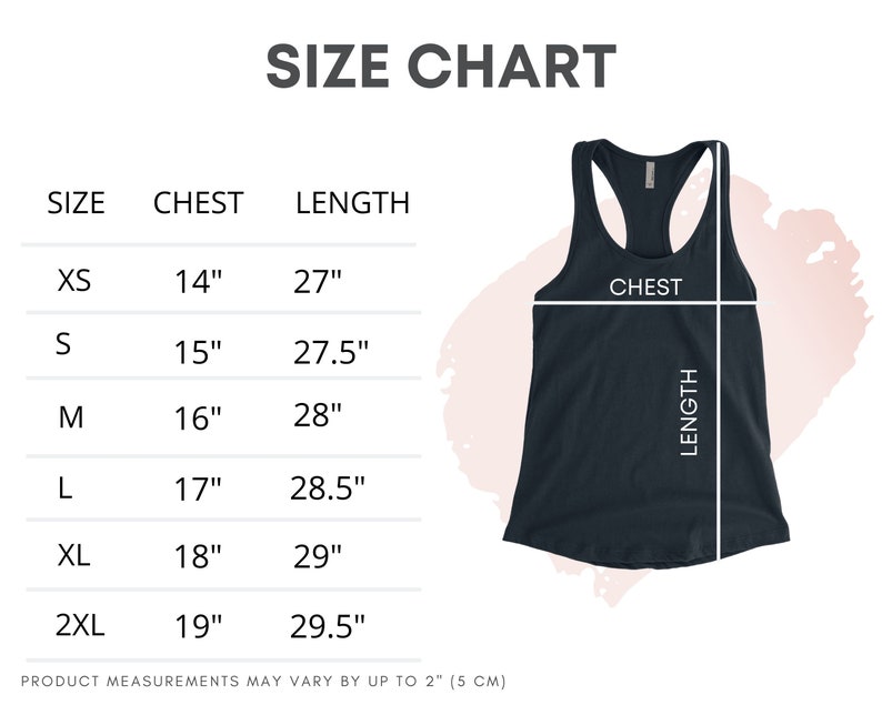 Puede incluir: Tabla de tallas para un top de tirantes con medidas en pulgadas para el pecho y la longitud. Las tallas incluyen XS, S, M, L, XL y 2XL.