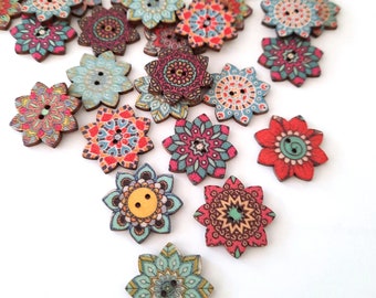 May include: Assortment of colorful wooden buttons with a floral mandala design. The buttons are in shades of red, pink, blue, green, and yellow.