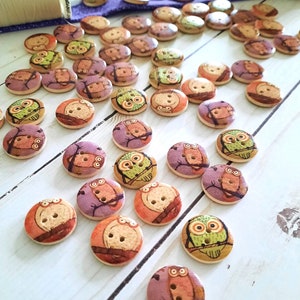 8-pk+ 20mm 3/4 inch Wood Owl Buttons, Decorative Owl Buttons, Craft Buttons