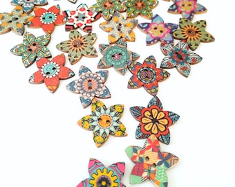 8-pack+ 1 inch Boho Flower Vintage-Look Buttons, Decorative Wood Buttons