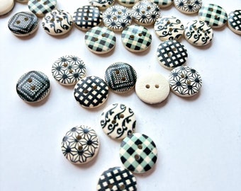 8-pk+ Black, Gray, White, and Green Buttons, Decorative Wood Buttons, Craft Buttons