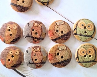 NOTE 3 WEEK DELAY - 4 sizes -8pk+ Wood Owl Buttons, Decorative Owl Buttons, Craft Buttons