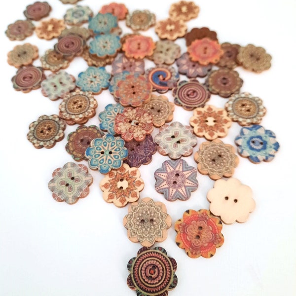 NOTE 3 WEEK DELAY - 8-pack+ Boho Flower Vintage-Look Buttons, Decorative Wood Buttons, Craft Buttons