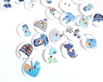 8-pk+ Sweet Baby Boy Buttons, Decorative Wood Buttons, Craft Buttons