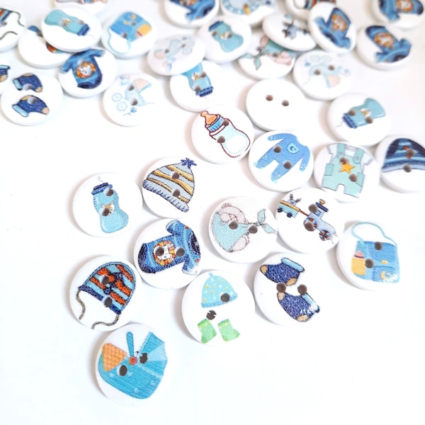 NOTE 3 WEEK DELAY - 8-pk+ Sweet Baby Boy Buttons, Decorative Wood Buttons, Craft Buttons