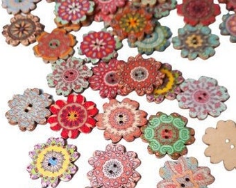 8-pack+ 1 inch Boho Flower Vintage-Look Buttons, Decorative Wood Buttons