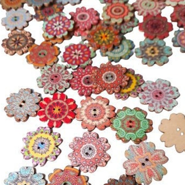 NOTE 3 WEEK DELAY - 8-pack+ 1 inch Boho Flower Vintage-Look Buttons, Decorative Wood Buttons