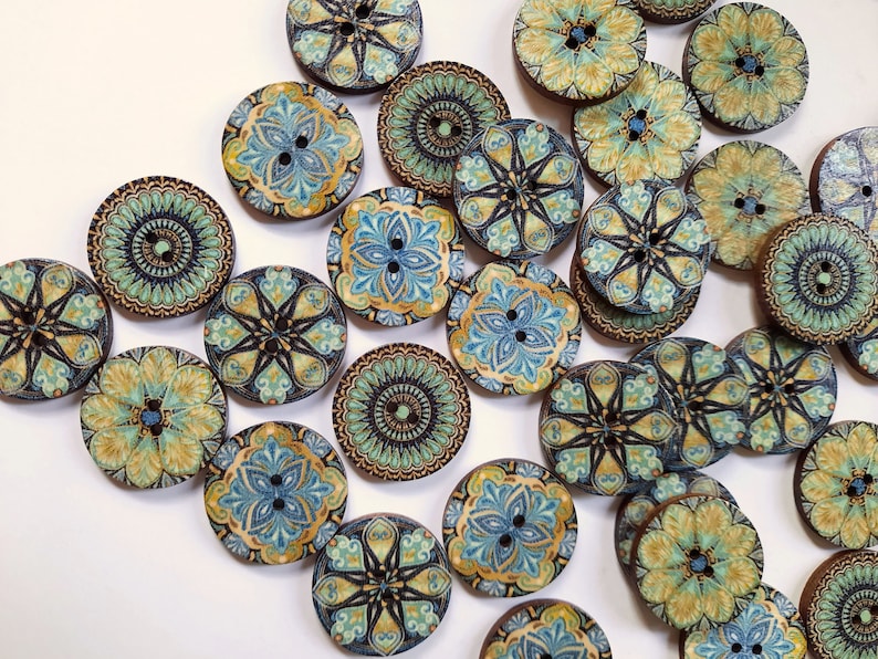 8-pack Patterned Buttons, Decorative Wood Buttons, Craft Buttons image 1