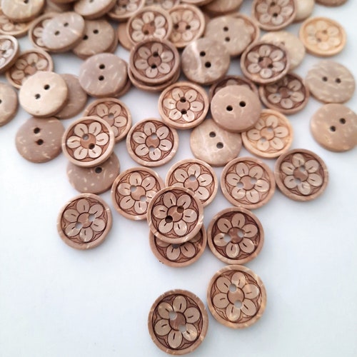 Coconut Shell Flower Buttons: Engraved Wood Craft Buttons (8-pack+)