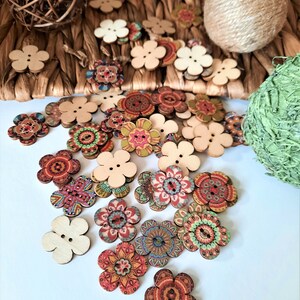 8-pack Boho Flower Vintage-Look Buttons, Decorative Wood Buttons, Craft Buttons image 2