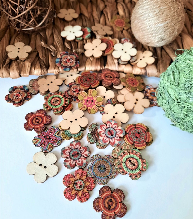 8-pack Boho Flower Vintage-Look Buttons, Decorative Wood Buttons, Craft Buttons image 2