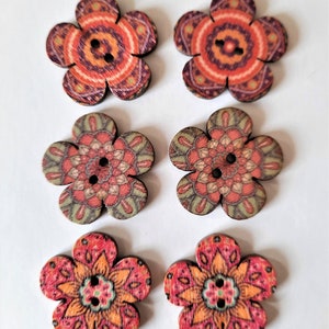 8-pack Boho Flower Vintage-Look Buttons, Decorative Wood Buttons, Craft Buttons image 4