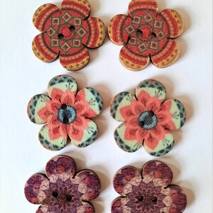 8-pack Boho Flower Vintage-Look Buttons, Decorative Wood Buttons, Craft Buttons image 5