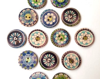 NOTE 3 WEEK DELAY - 8-pack+ Blue Vintage-Look Buttons, Decorative Wood Buttons, Craft Buttons