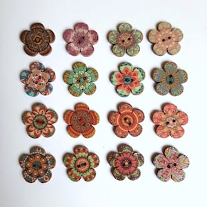 8-pack Boho Flower Vintage-Look Buttons, Decorative Wood Buttons, Craft Buttons image 8