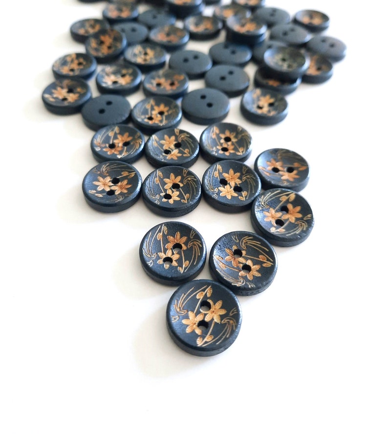 8-pack Navy Wooden Floral Buttons, Decorative Wood Buttons, Craft Buttons image 1