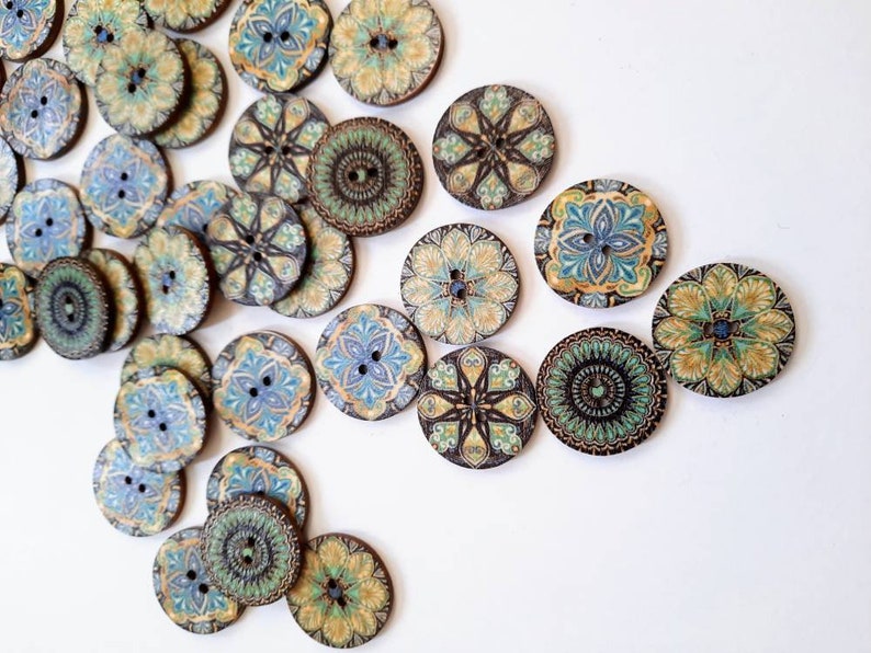 8-pack Patterned Buttons, Decorative Wood Buttons, Craft Buttons image 2