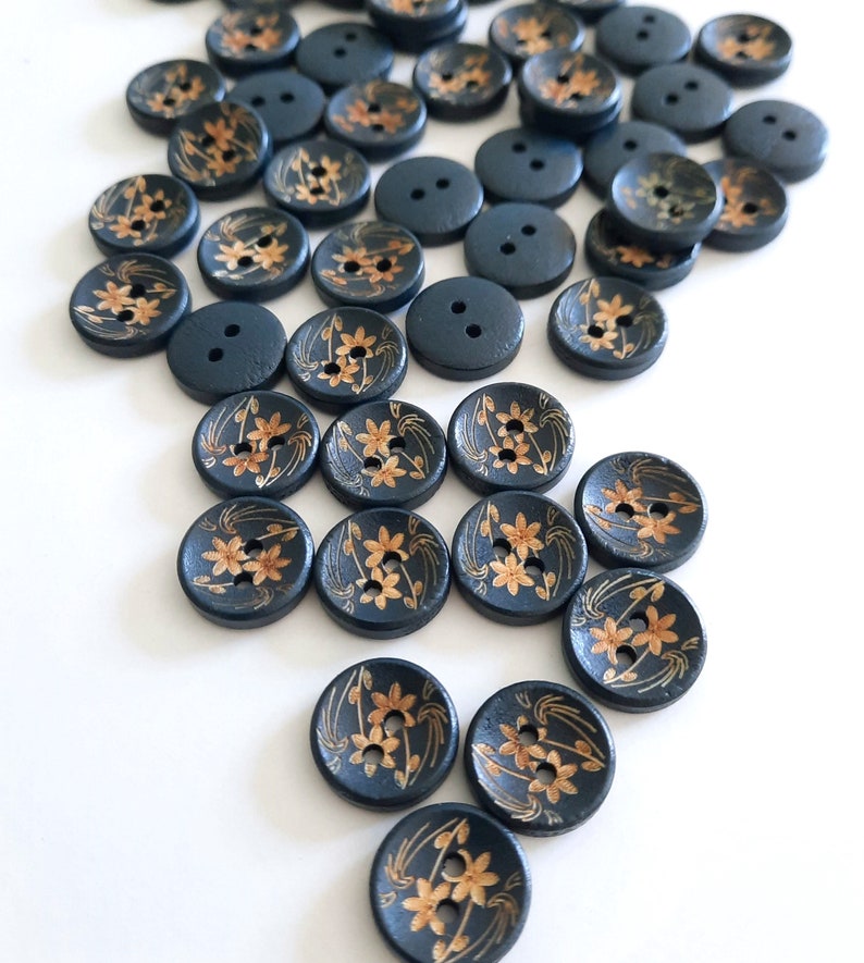 8-pack Navy Wooden Floral Buttons, Decorative Wood Buttons, Craft Buttons image 2